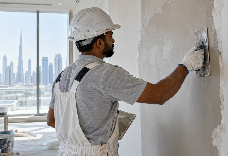 Plasterer smoothing an interior wall