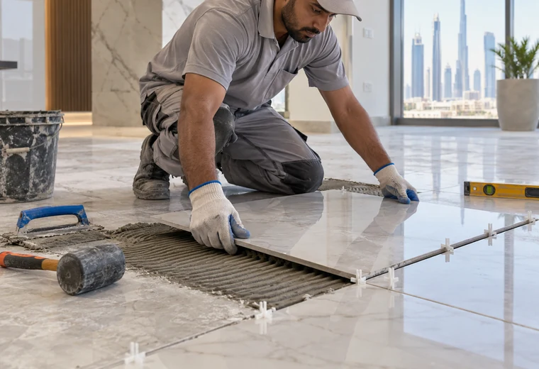 Floor tiler installing tiles in a Dubai interior