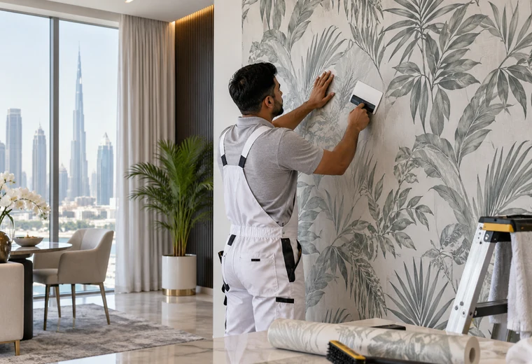 Wallpaper installer fitting wallpaper in a Dubai interior